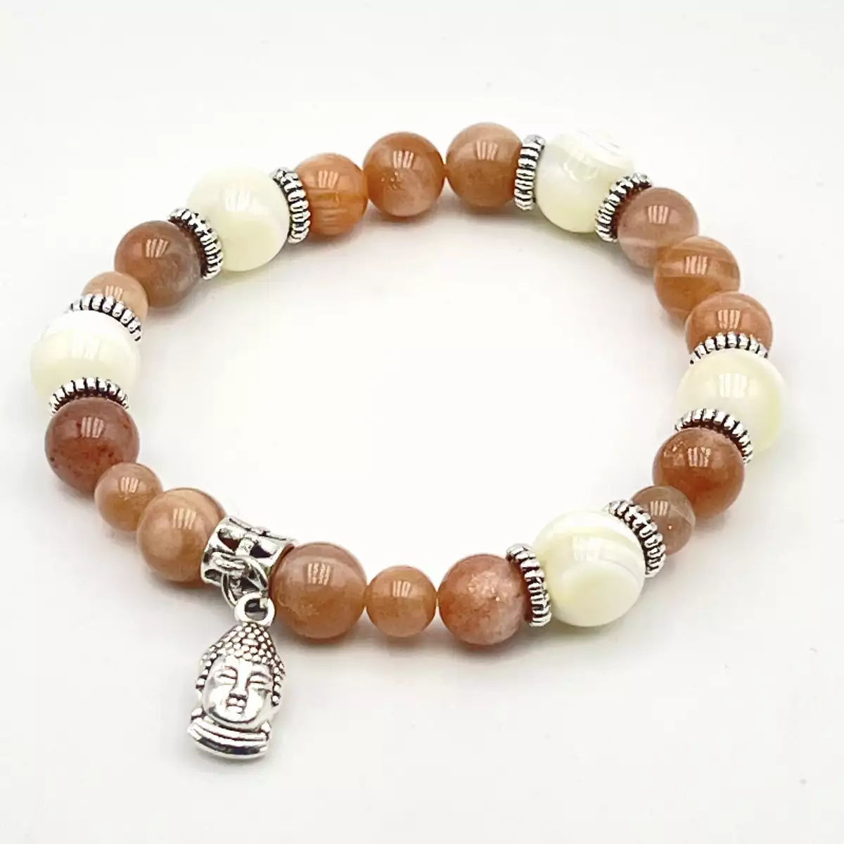 Bracelet en Pierre de Soleil & Nacre - Breloque Bouddha