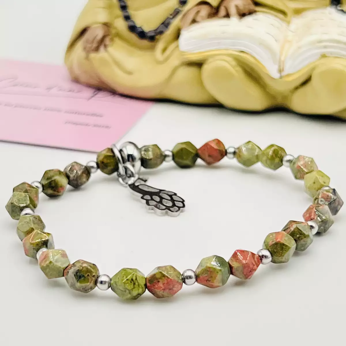 Bracelet en Unakite Facettée et Breloque Paon