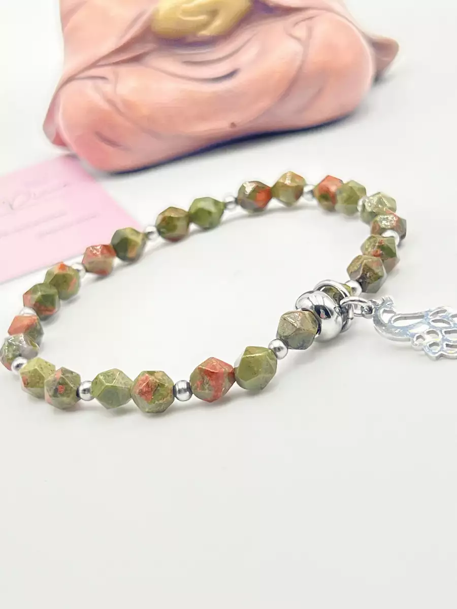 Bracelet en Unakite Facettée et Breloque Paon