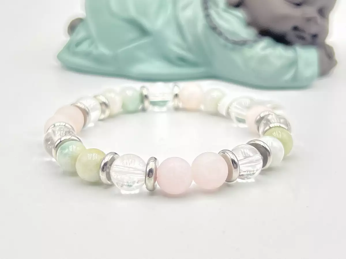 Bracelet quartz rose givré, émeraude, cristal de roche