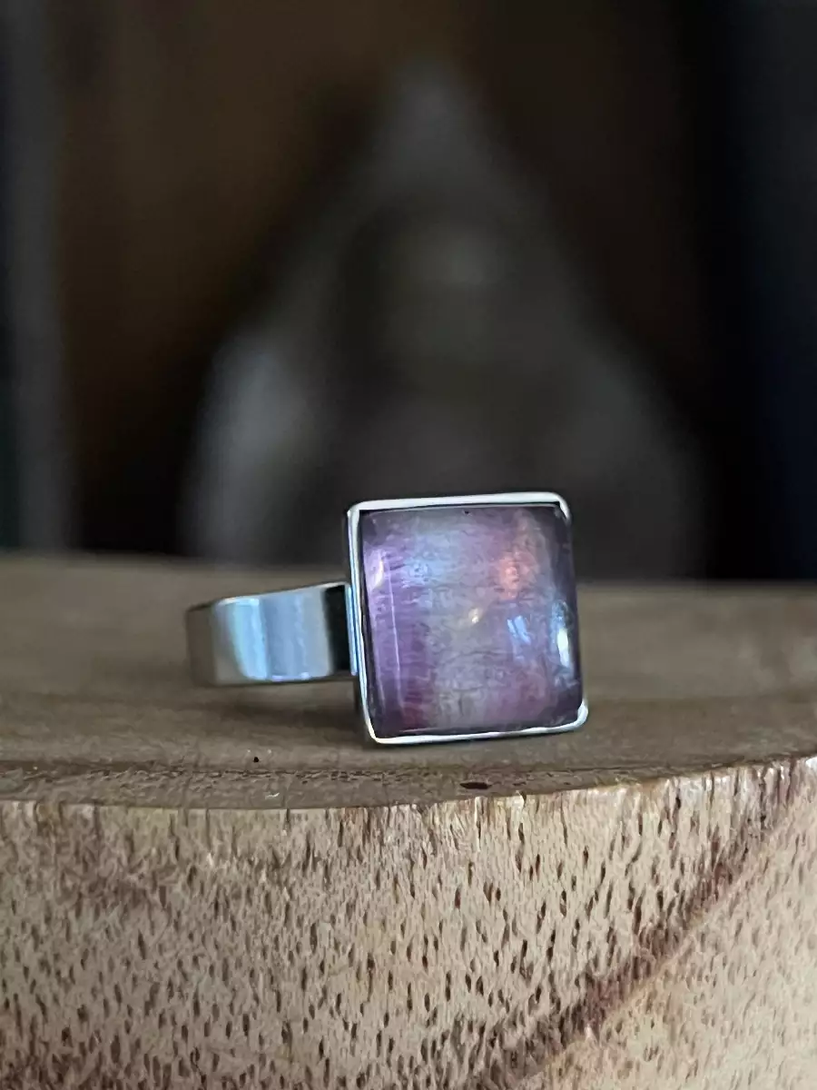 Bague Carrée en Fluorite – Acier Inoxydable Réglable