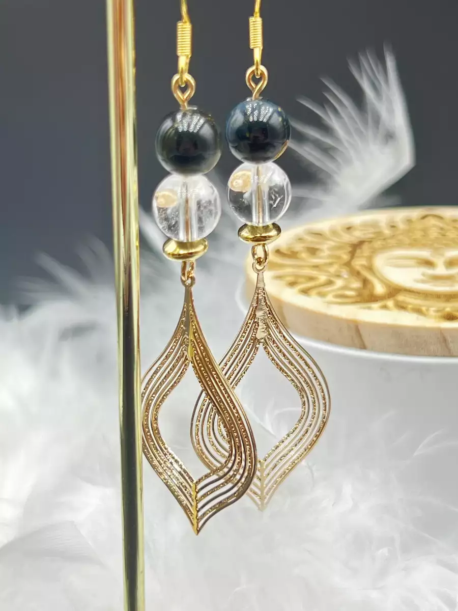 Boucles d'Oreilles Perles Oeil de Faucon et Cristal de Roche