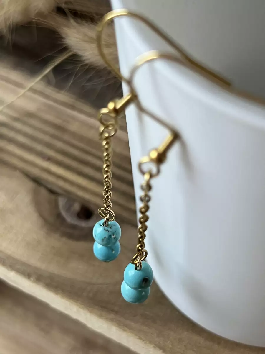 Boucles d'Oreilles – Chaîne en Acier Inoxydable & Perles de Turquoise Stabilisée