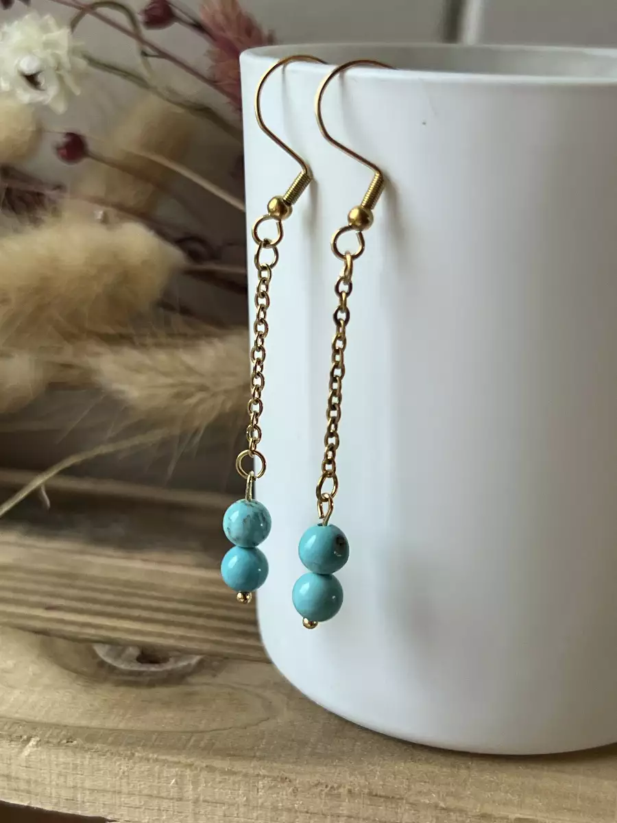 Boucles d'Oreilles – Chaîne en Acier Inoxydable & Perles de Turquoise Stabilisée