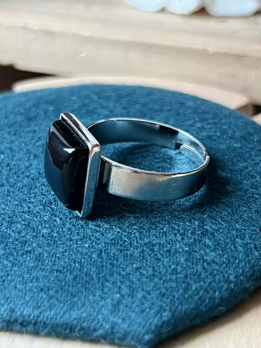 Bague Carrée en Agate Noire – Acier Inoxydable Réglable