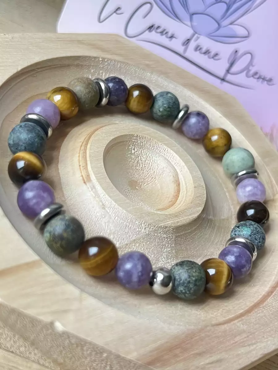 Bracelet en Turquoise Africaine, Œil de Tigre et Lépidolite