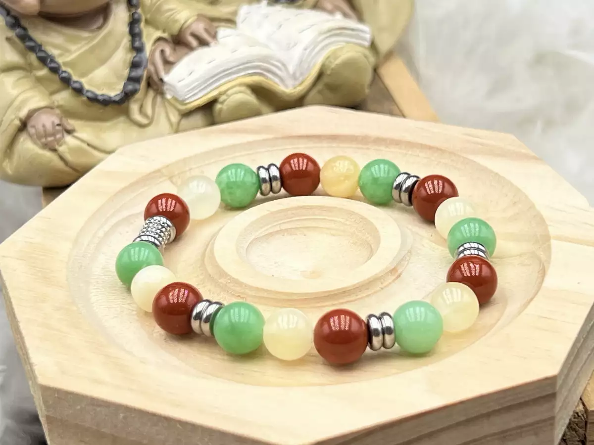 Bracelet jade africain, calcite, jaspe rouge
