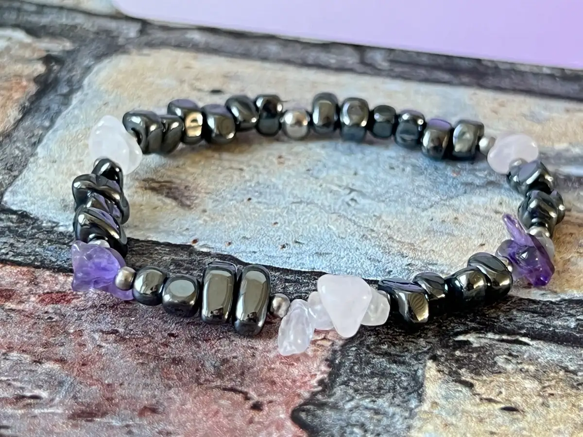 Bracelet en Améthyste, Hématite & Quartz Rose