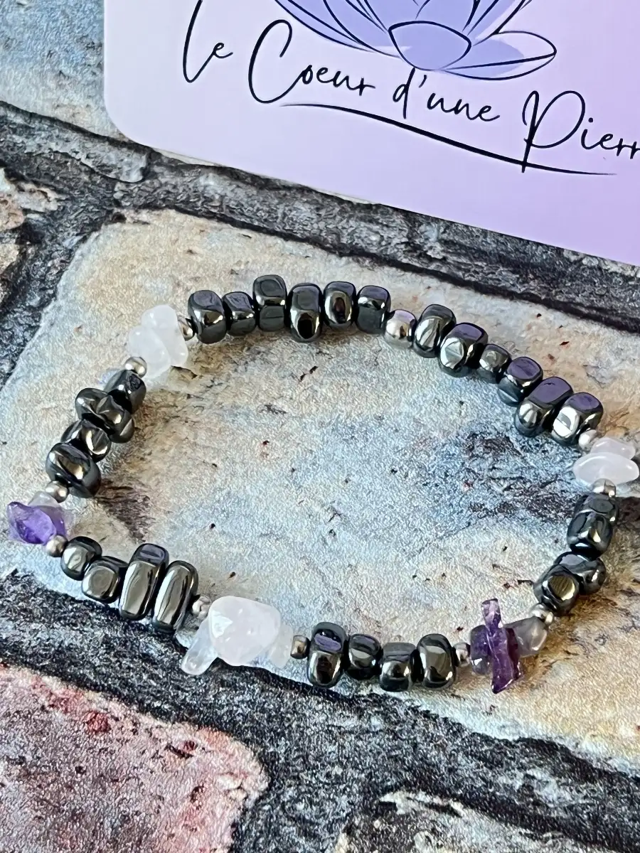 Bracelet en Améthyste, Hématite & Quartz Rose