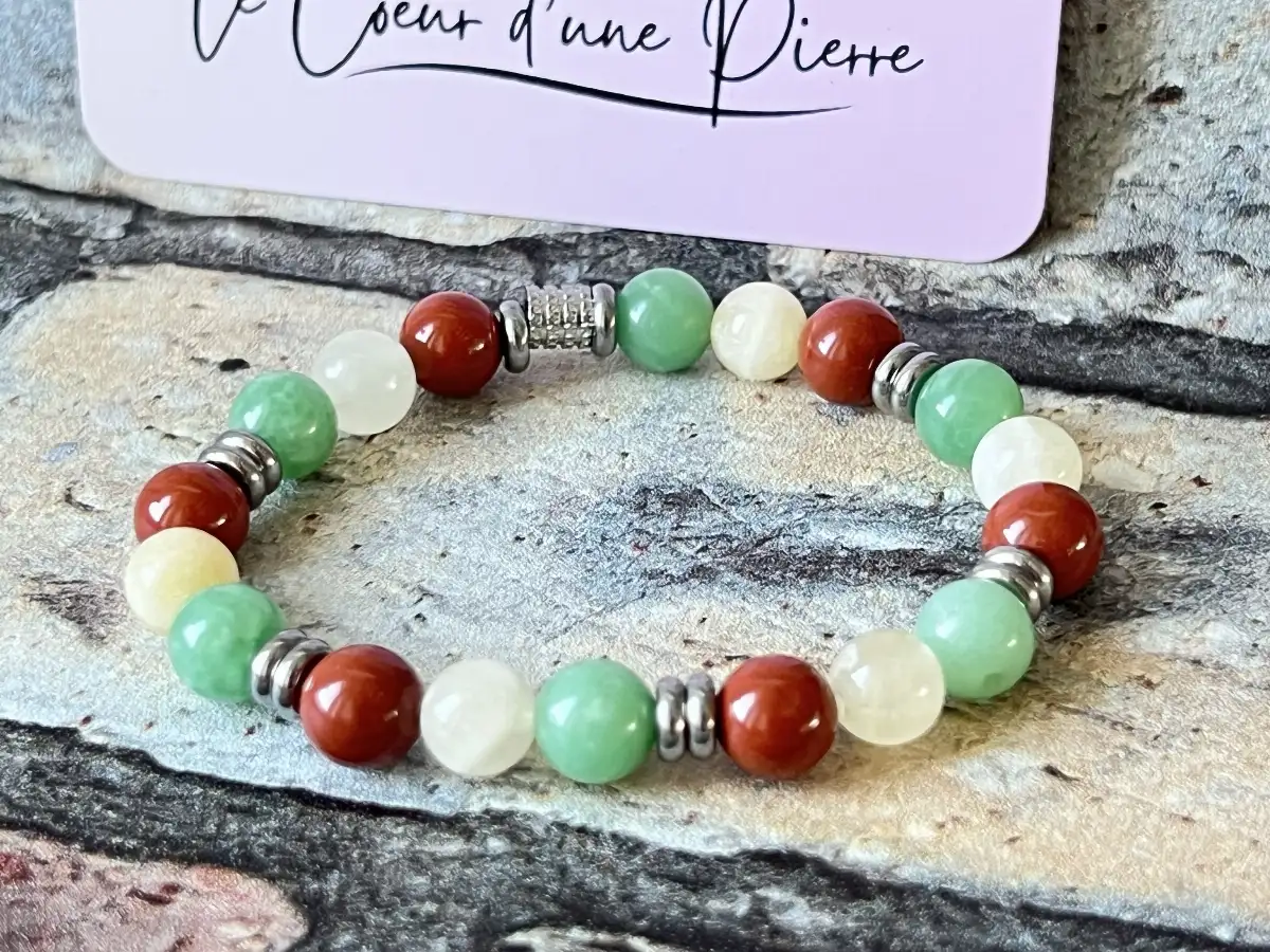 Bracelet jade africain, calcite, jaspe rouge