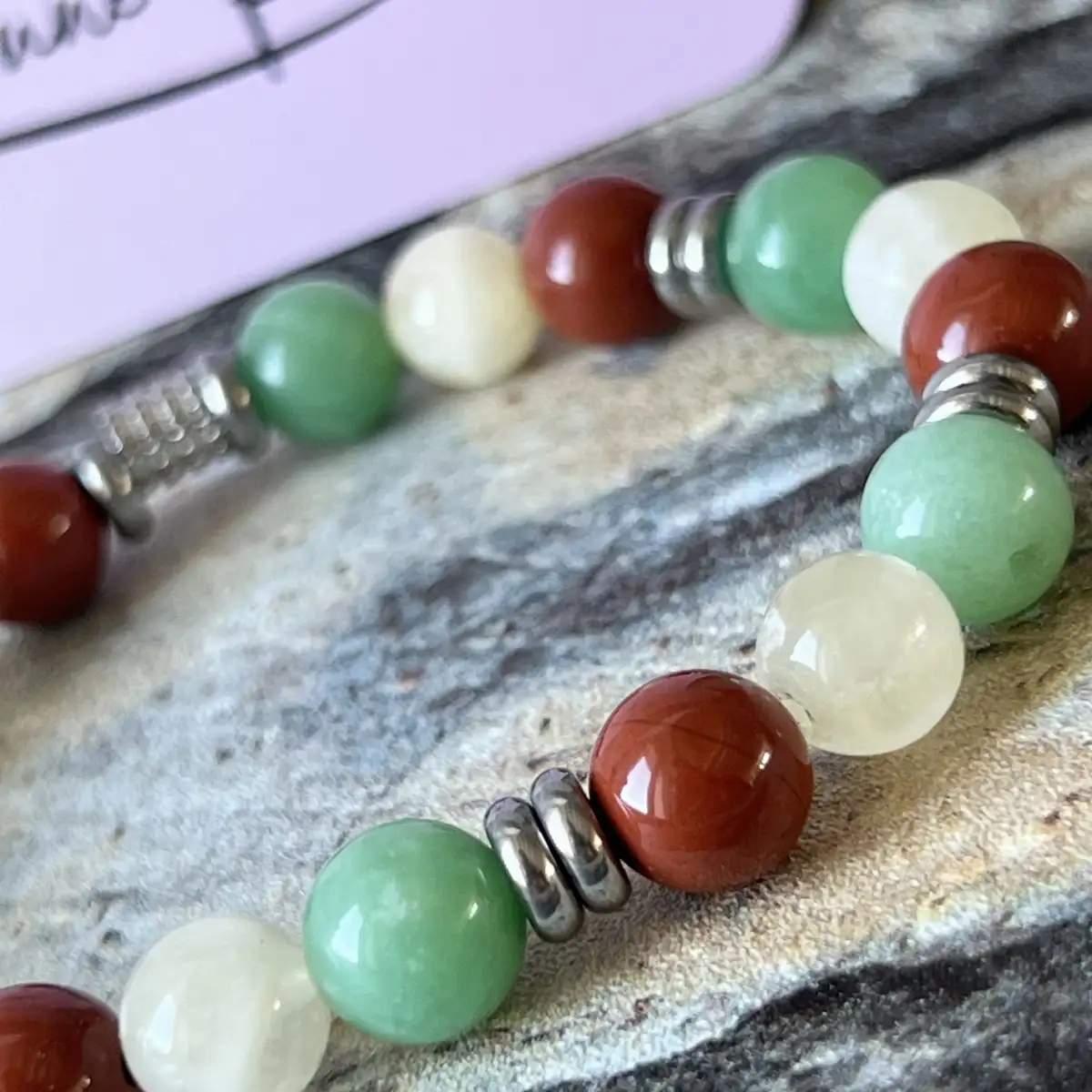 Bracelet jade africain, calcite, jaspe rouge
