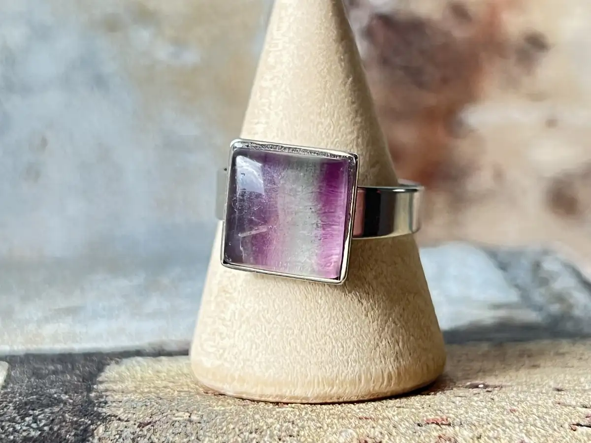 Bague Carrée en Fluorite – Acier Inoxydable Réglable