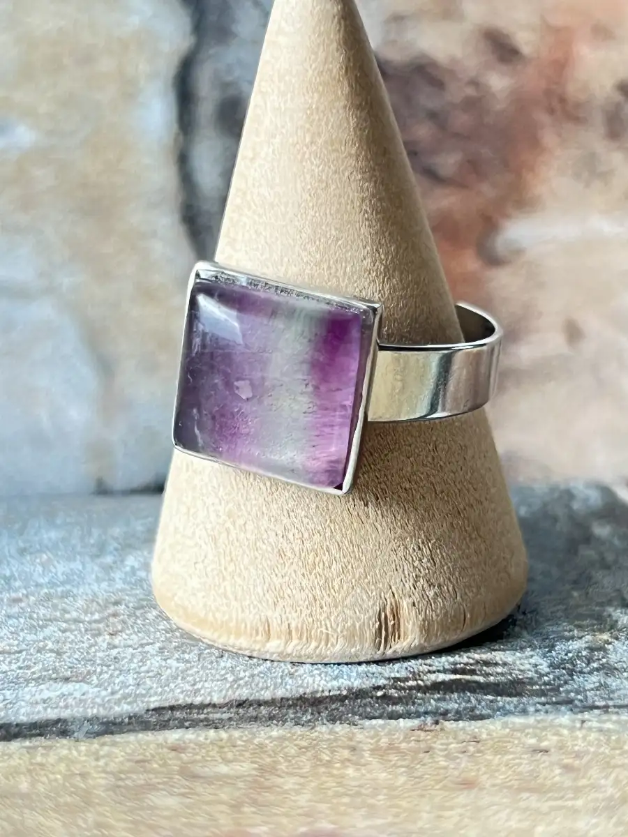 Bague Carrée en Fluorite – Acier Inoxydable Réglable