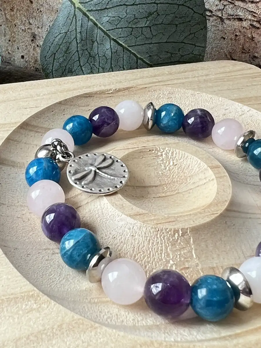 Bracelet Apatite Bleue, Quartz Rose & Améthyste – Équilibre & Douceur