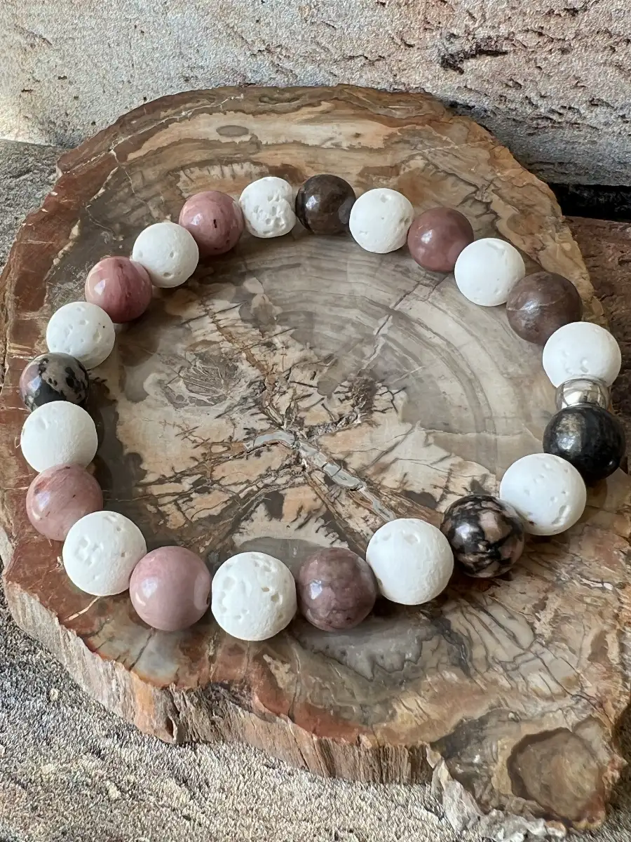 Bracelet en pierre de lave blanche et rhodonite