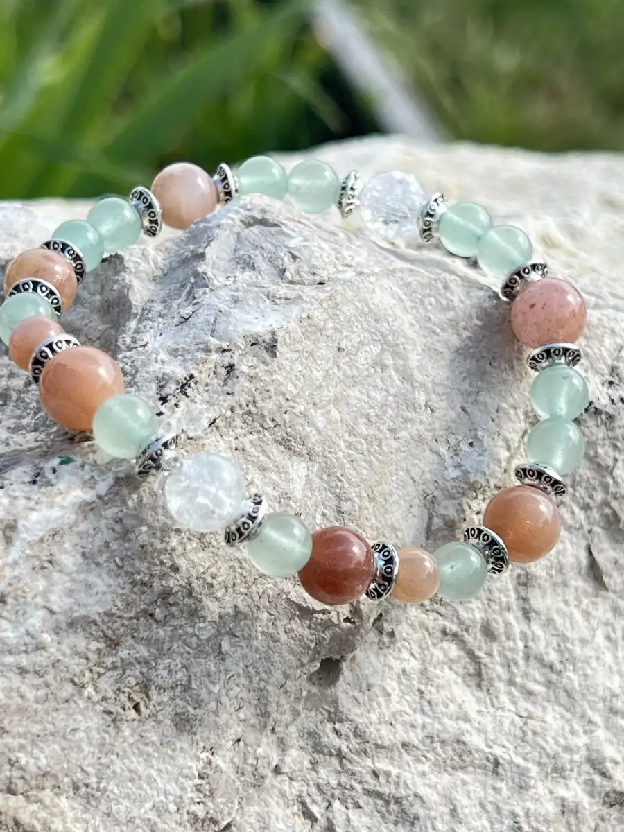 Bracelet en aventurine verte, pierre de soleil et cristal de roche