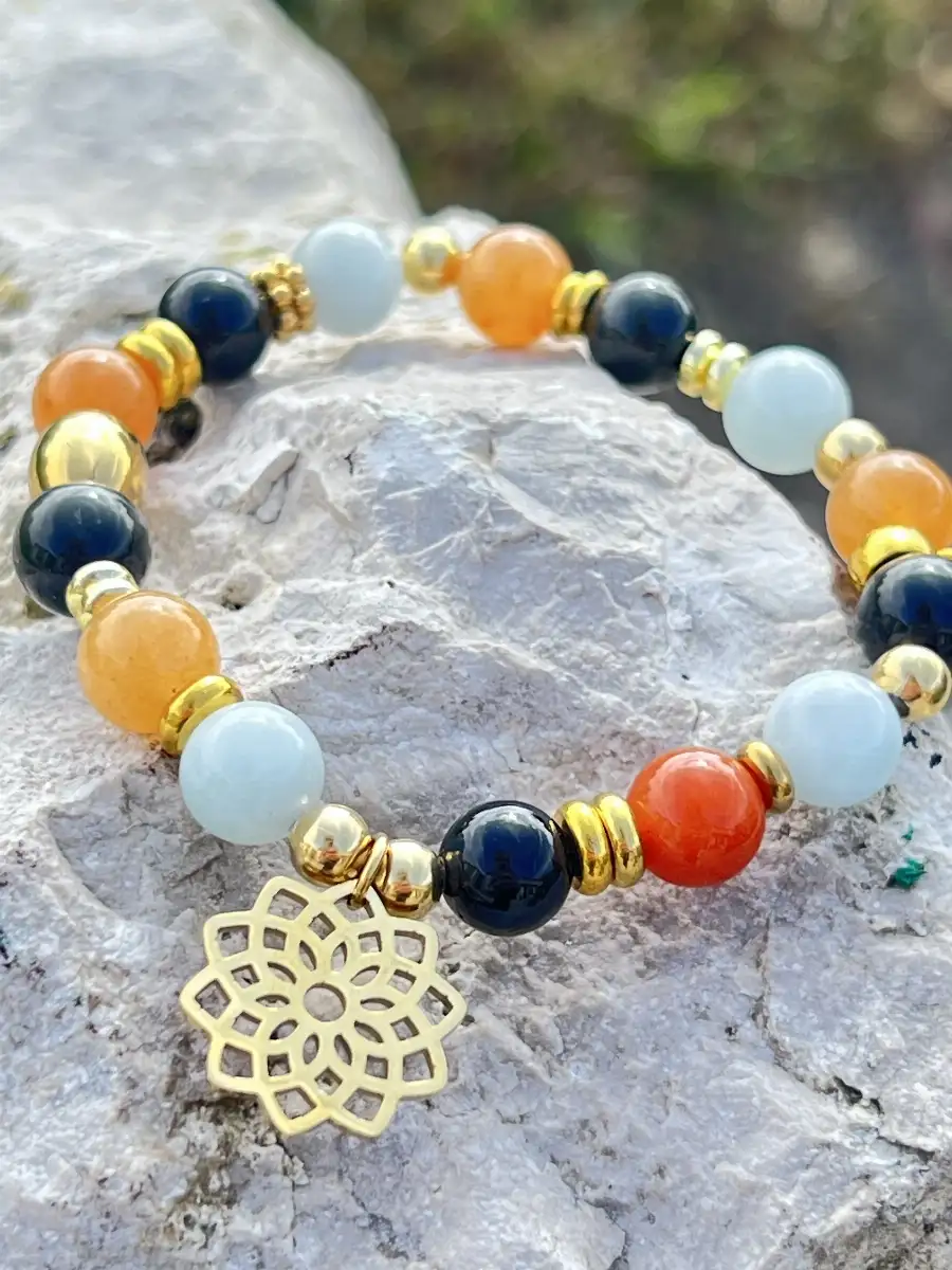 Bracelet en Aigue-Marine, Aventurine orange et Obsidienne arc-en-ciel