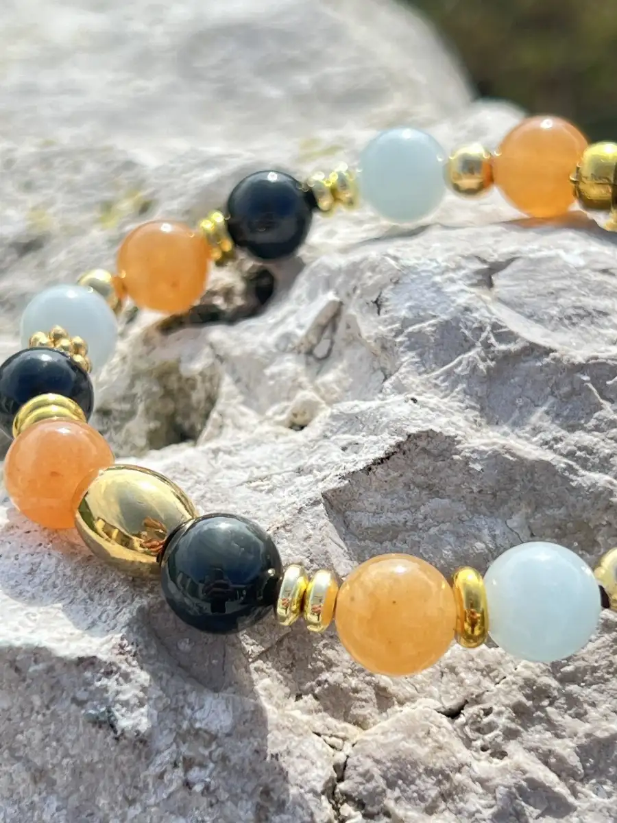 Bracelet en Aigue-Marine, Aventurine orange et Obsidienne arc-en-ciel