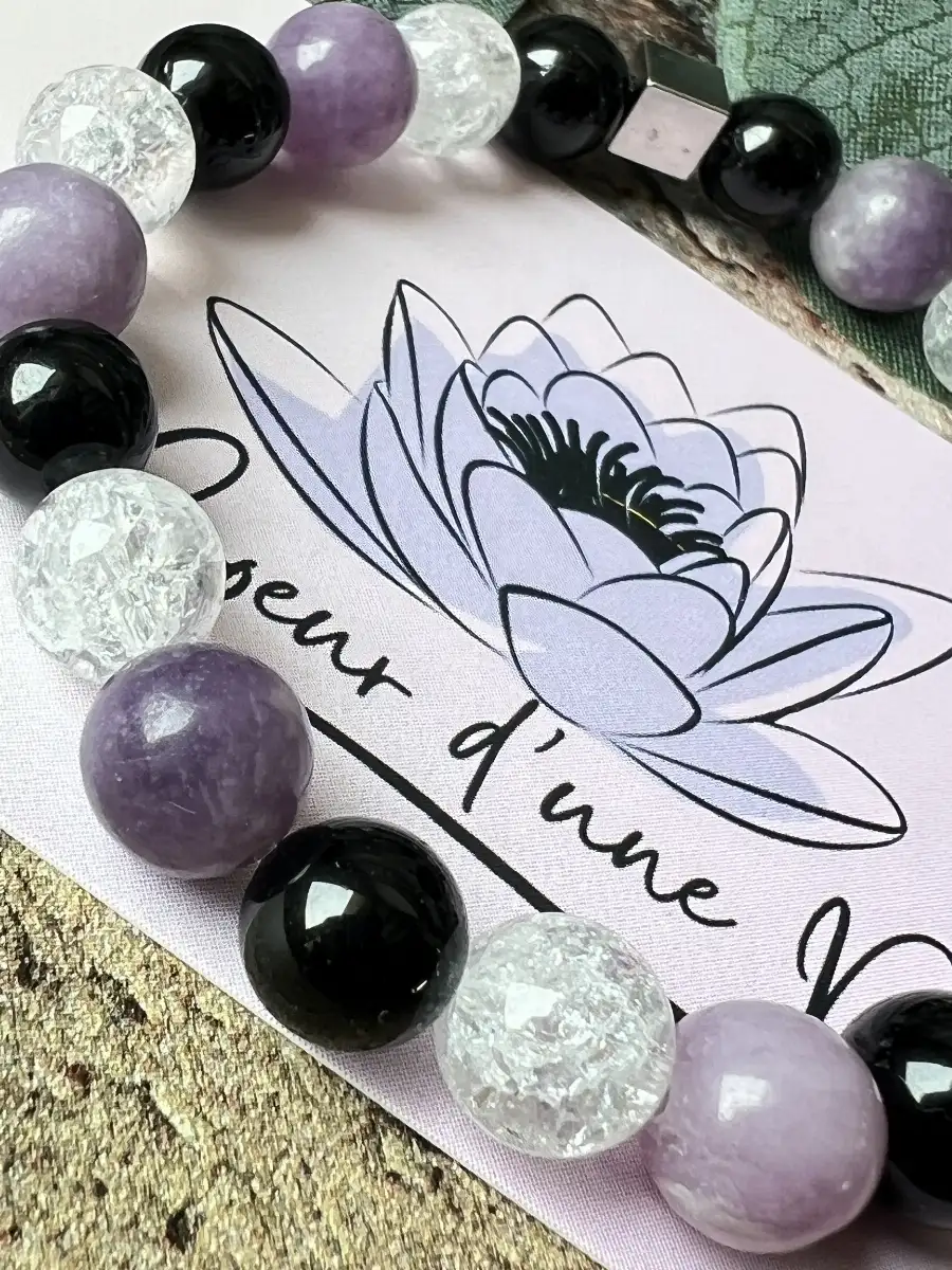 Bracelet en Tourmaline noire, Lépidolite et Cristal de roche craquelé
