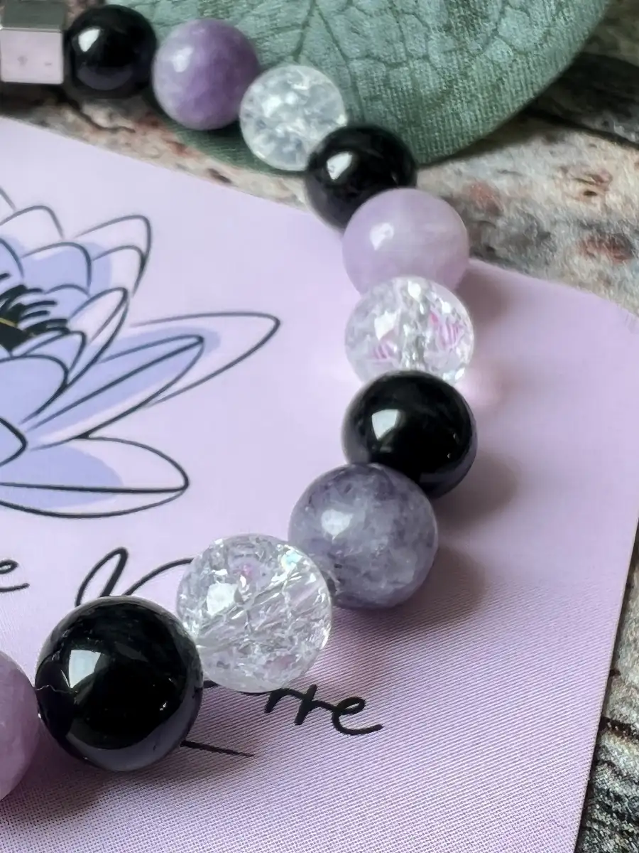 Bracelet en Tourmaline noire, Lépidolite et Cristal de roche craquelé