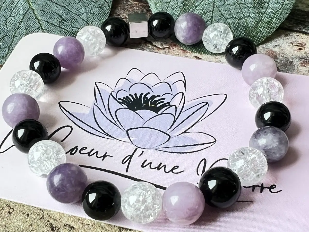 Bracelet en Tourmaline noire, Lépidolite et Cristal de roche craquelé
