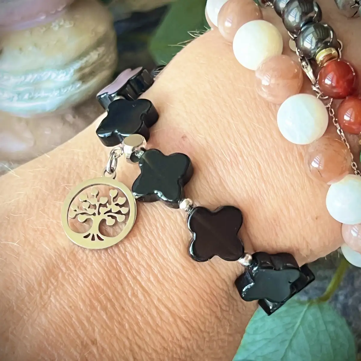 Bracelet trèfles en agate noire