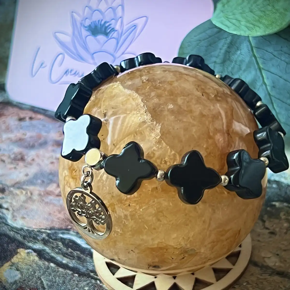 Bracelet trèfles en agate noire