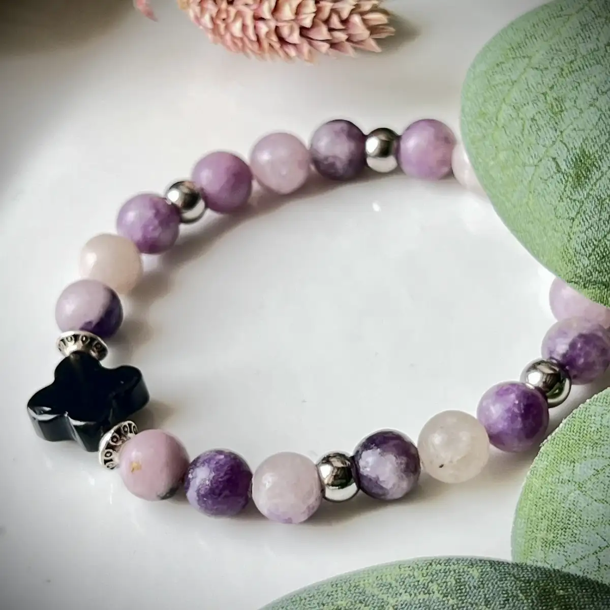 Bracelet lépidolite et agate noire