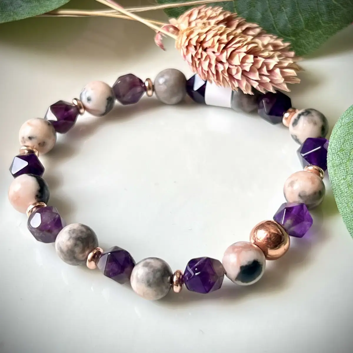 Bracelet améthyste et jaspe cappuccino rose