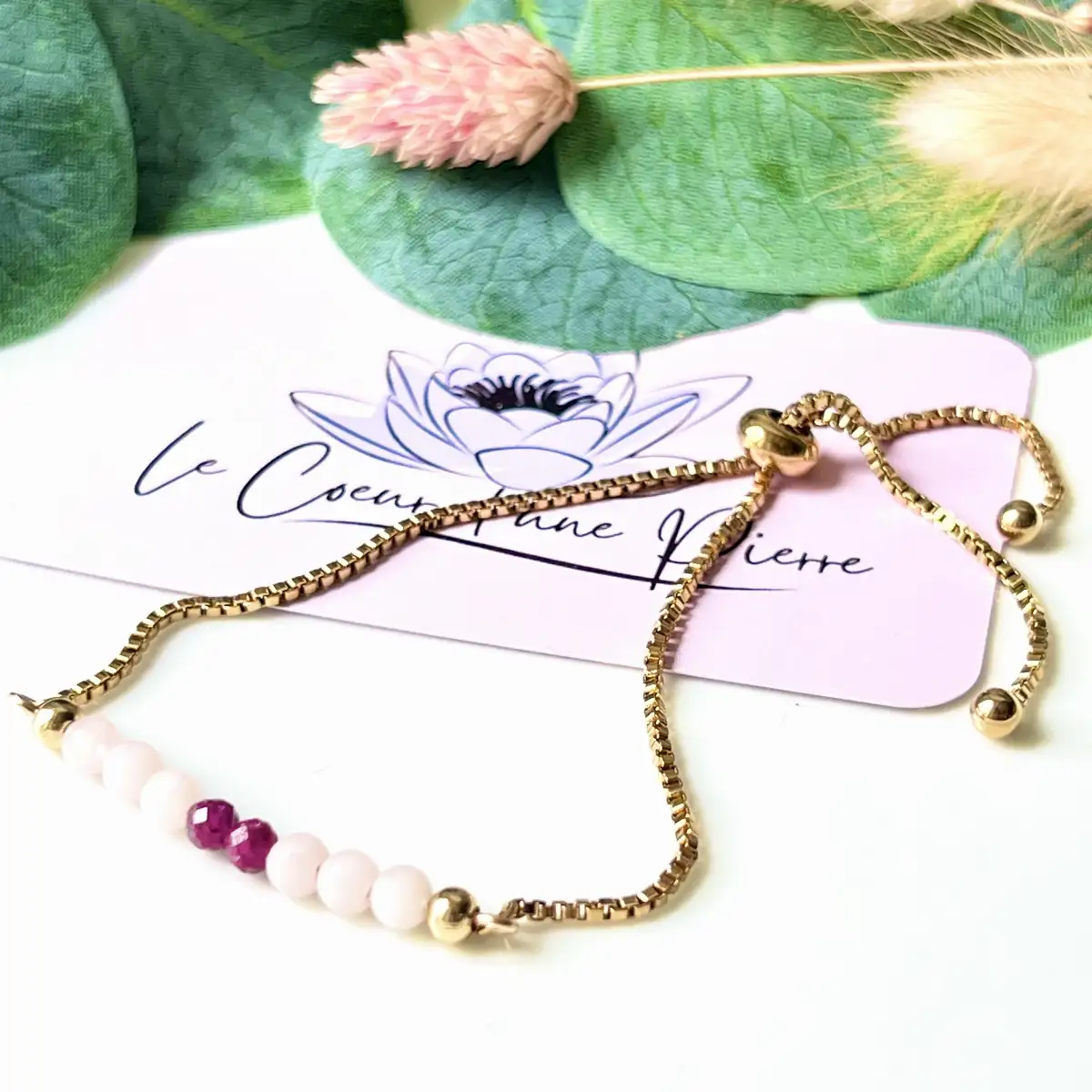 Bracelet réglable doré en Quartz Rose et Rubis – Perles 4 mm