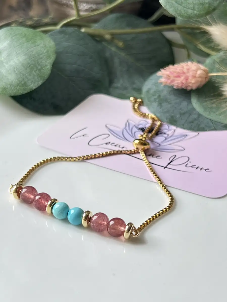 Bracelet réglable doré en Turquoise et Quartz Fraise – Perles 6 mm