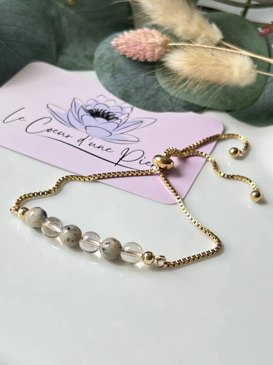 Bracelet réglable doré en Jaspe K2 et Citrine – Perles 6 mm