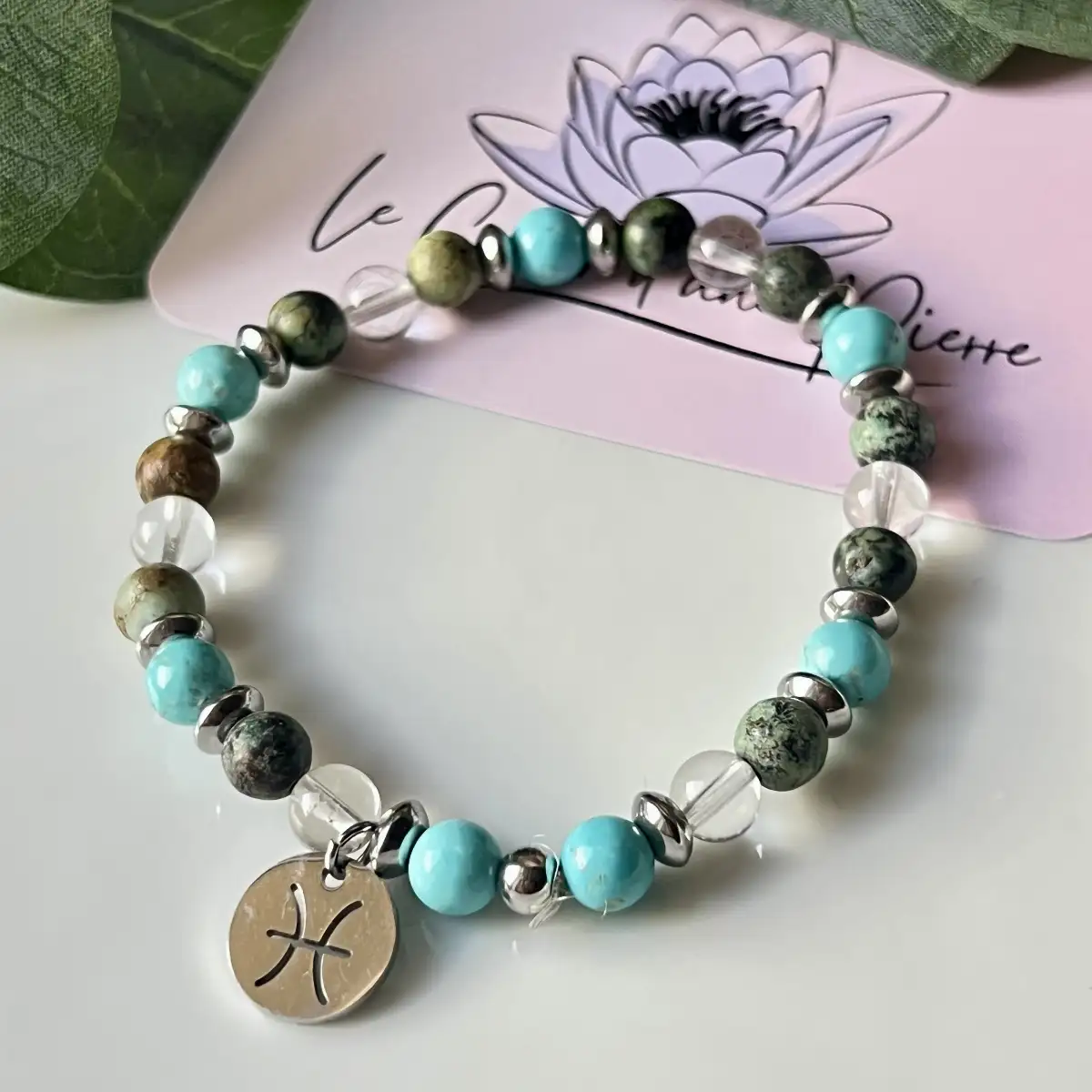 Bracelet Zodiaque Poissons – Turquoise, Turquoise Africaine & Cristal de Roche