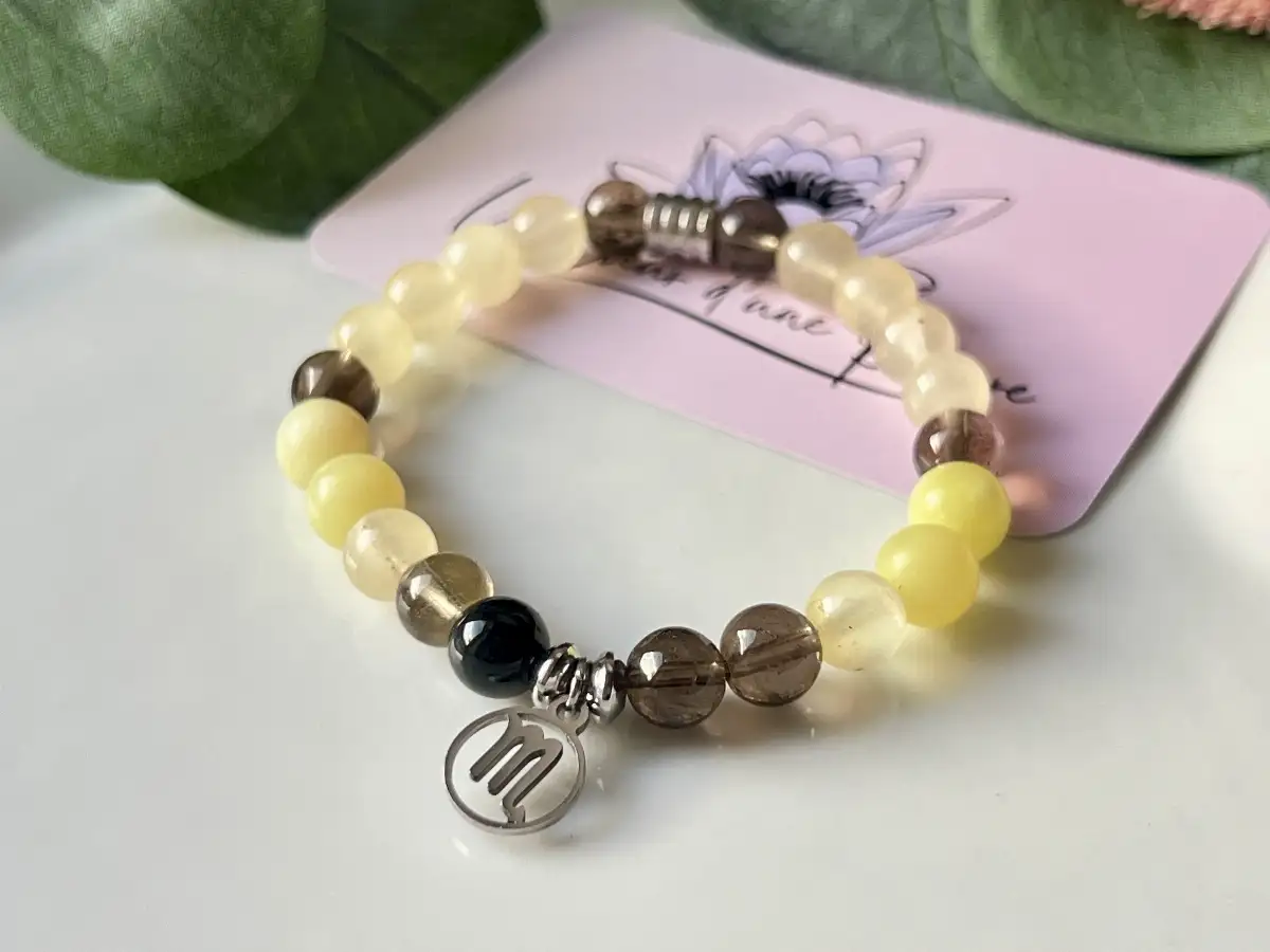 Bracelet Zodiaque Scorpion – Quartz Fumé, Jade Jaune & Calcite Orange