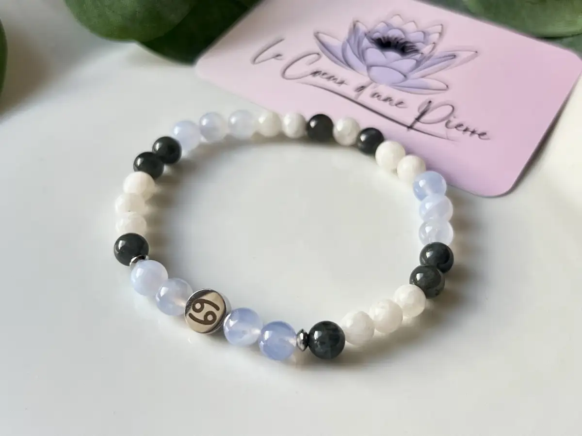 Bracelet Zodiaque Cancer – Pierre de Lune noire, Pierre de Lune & Calcédoine