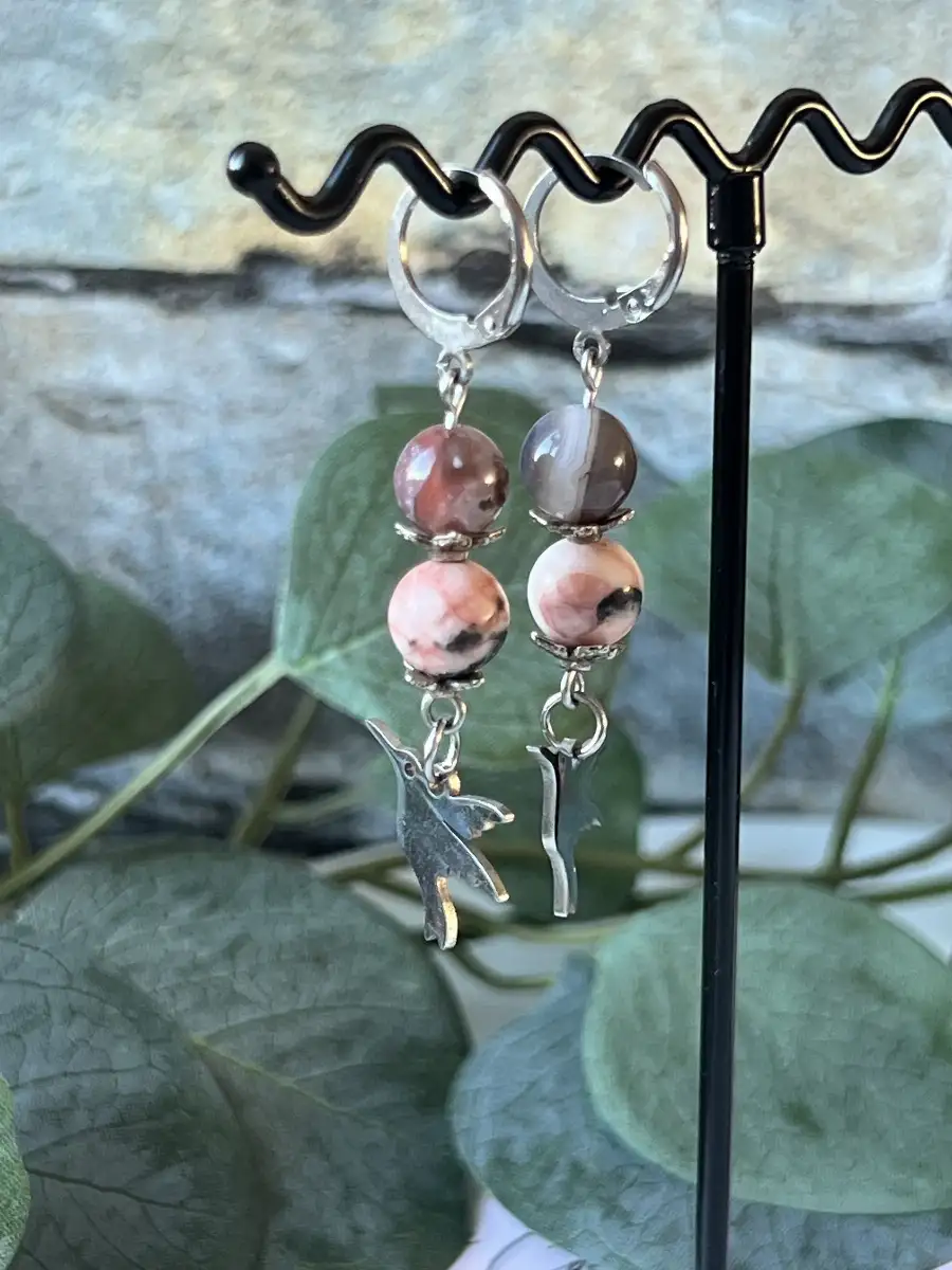 Boucles d'oreilles jaspe cappuccino rose et agate du botswana