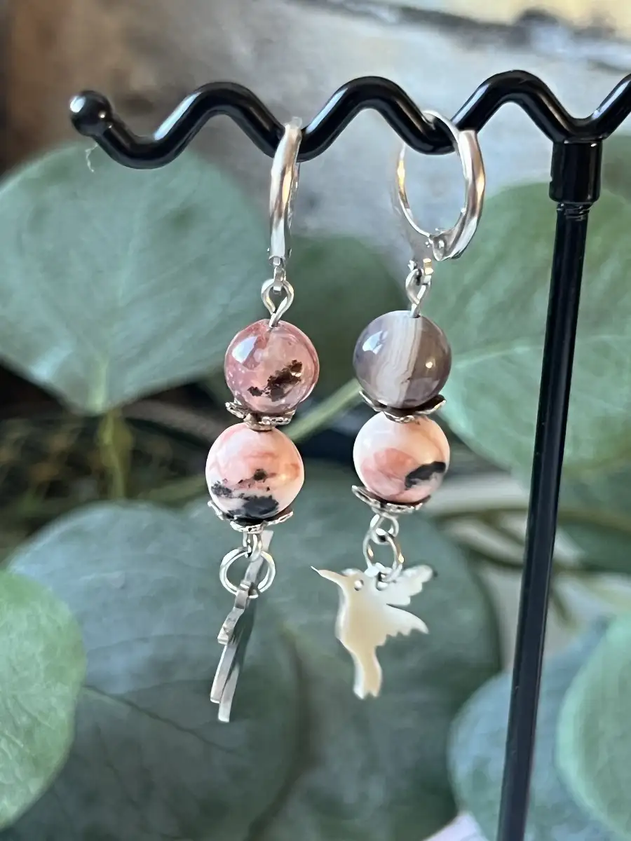 Boucles d'oreilles jaspe cappuccino rose et agate du botswana