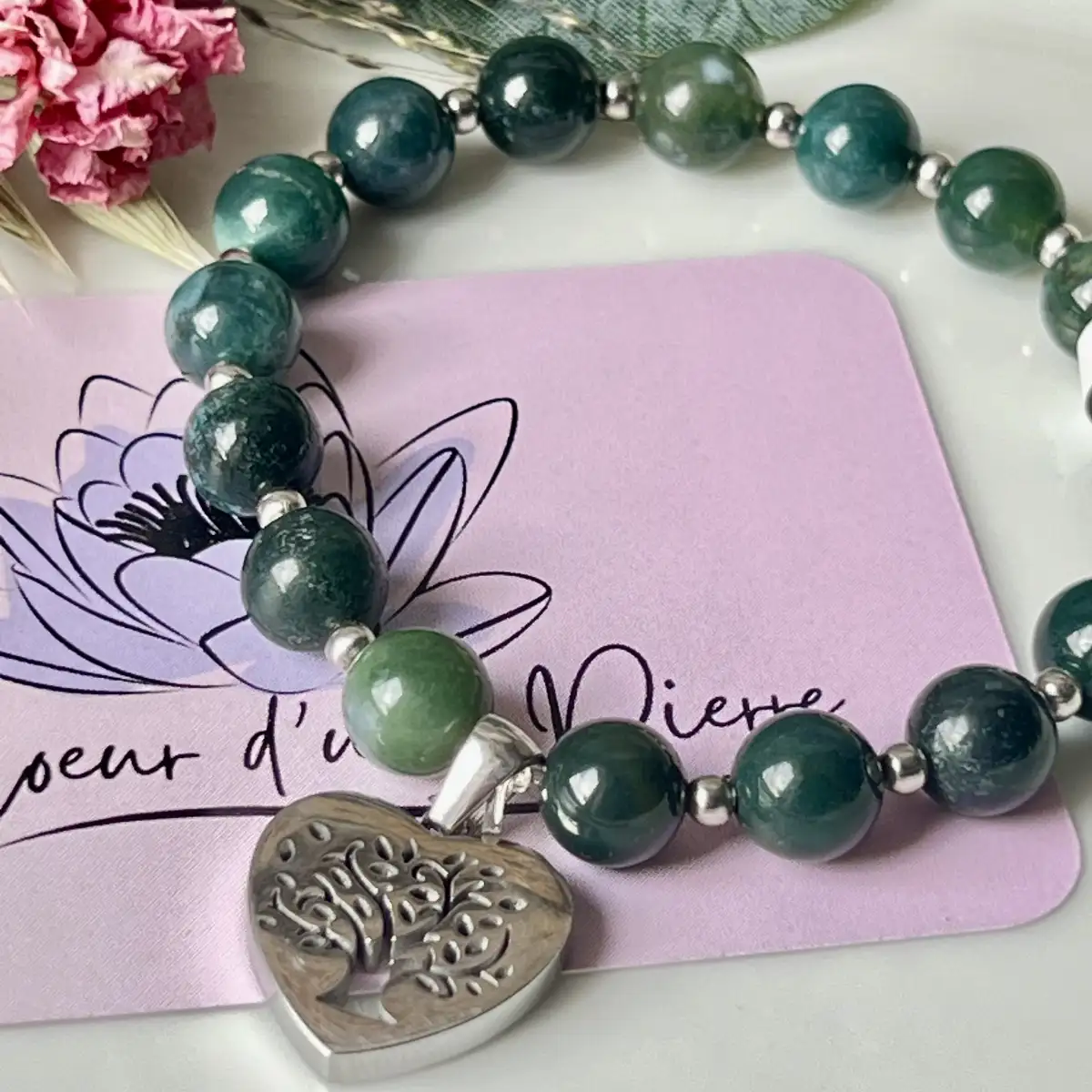 Bracelet Agate Mousse – Perles 8 mm avec Breloque Inox