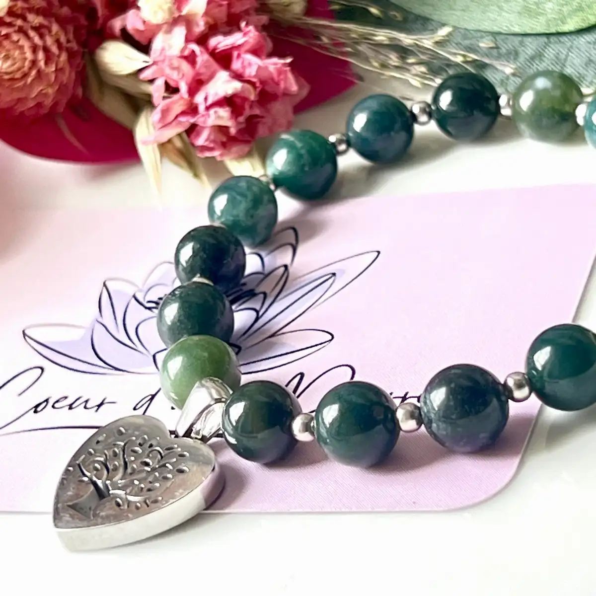 Bracelet Agate Mousse – Perles 8 mm avec Breloque Inox