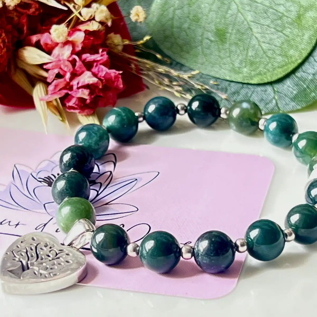 Bracelet Agate Mousse – Perles 8 mm avec Breloque Inox