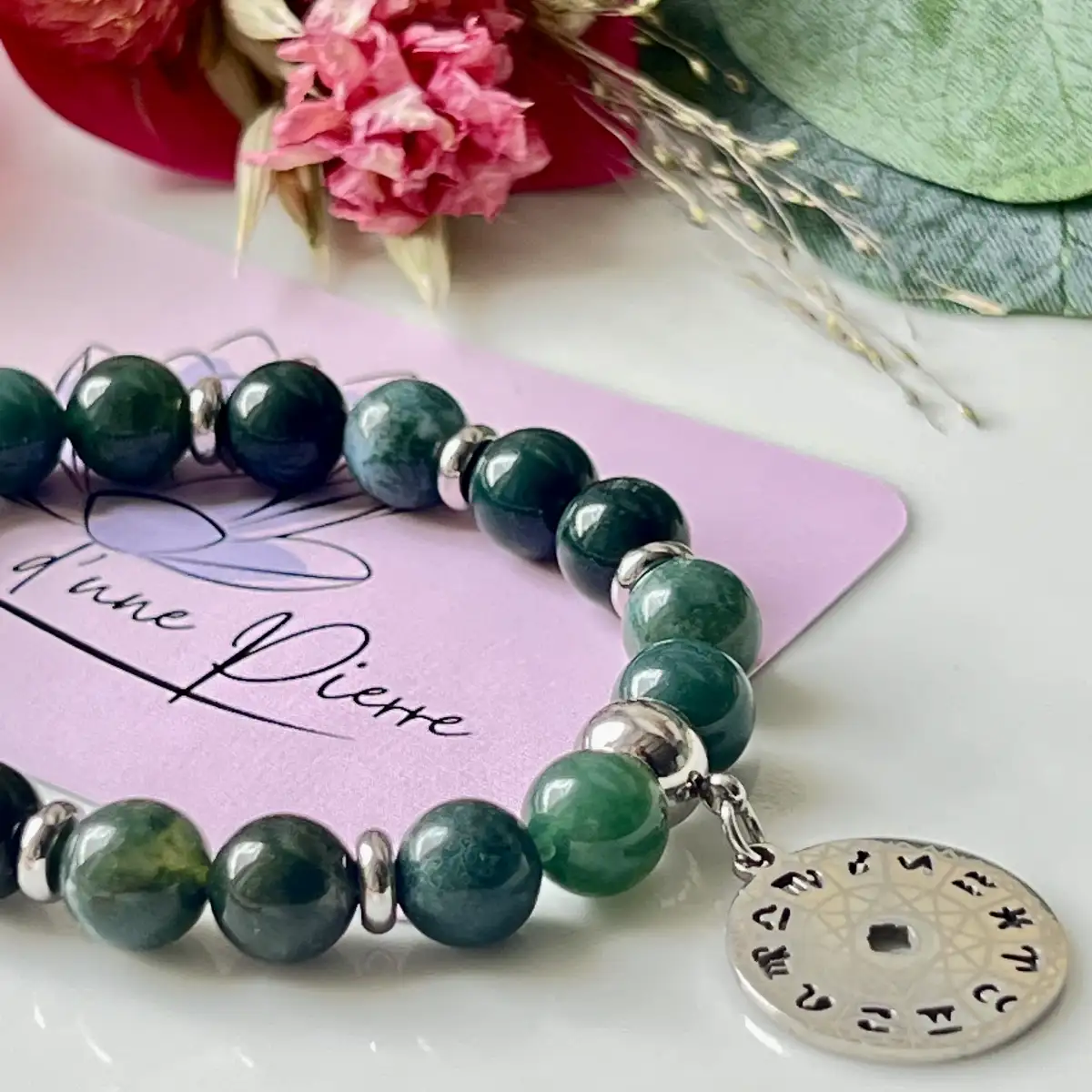 Bracelet Agate Mousse – Perles 8 mm avec Breloque Inox