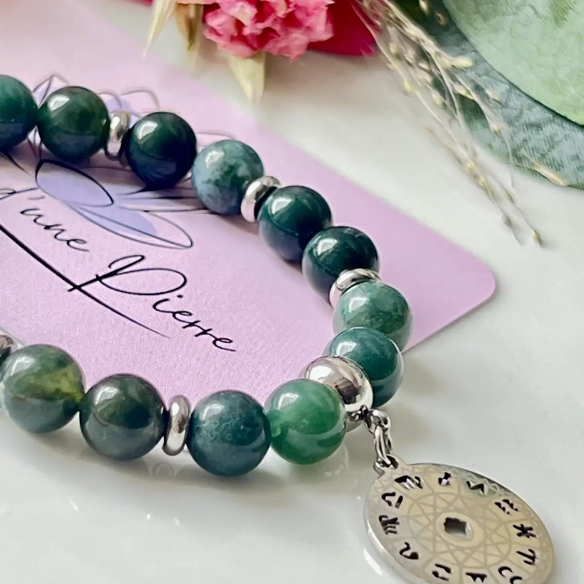 Bracelet Agate Mousse – Perles 8 mm avec Breloque Inox