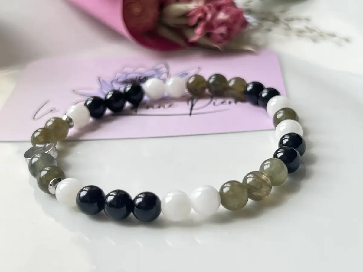 Bracelet Zodiaque Gémeaux – Labradorite, Pierre de Lune & Tourmaline