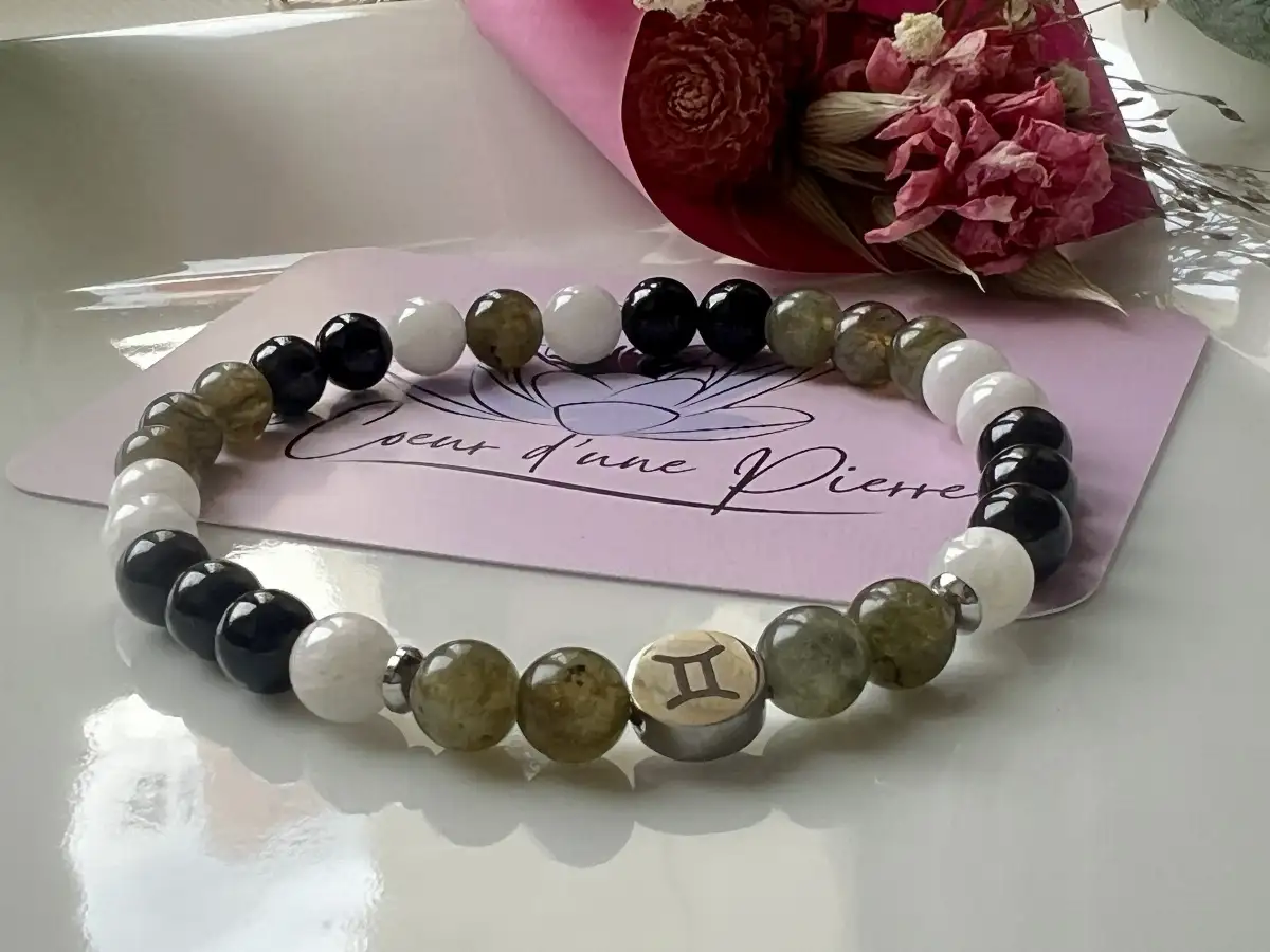 Bracelet Zodiaque Gémeaux – Labradorite, Pierre de Lune & Tourmaline
