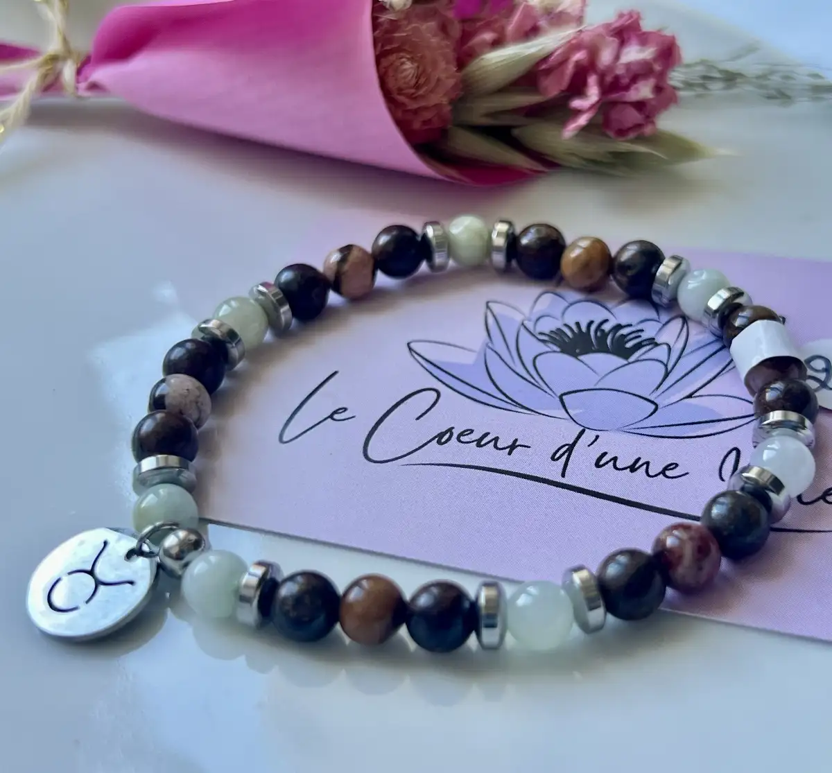 Bracelet Zodiaque Taureau – Jaspe Cappuccino, Émeraude et Bronzite