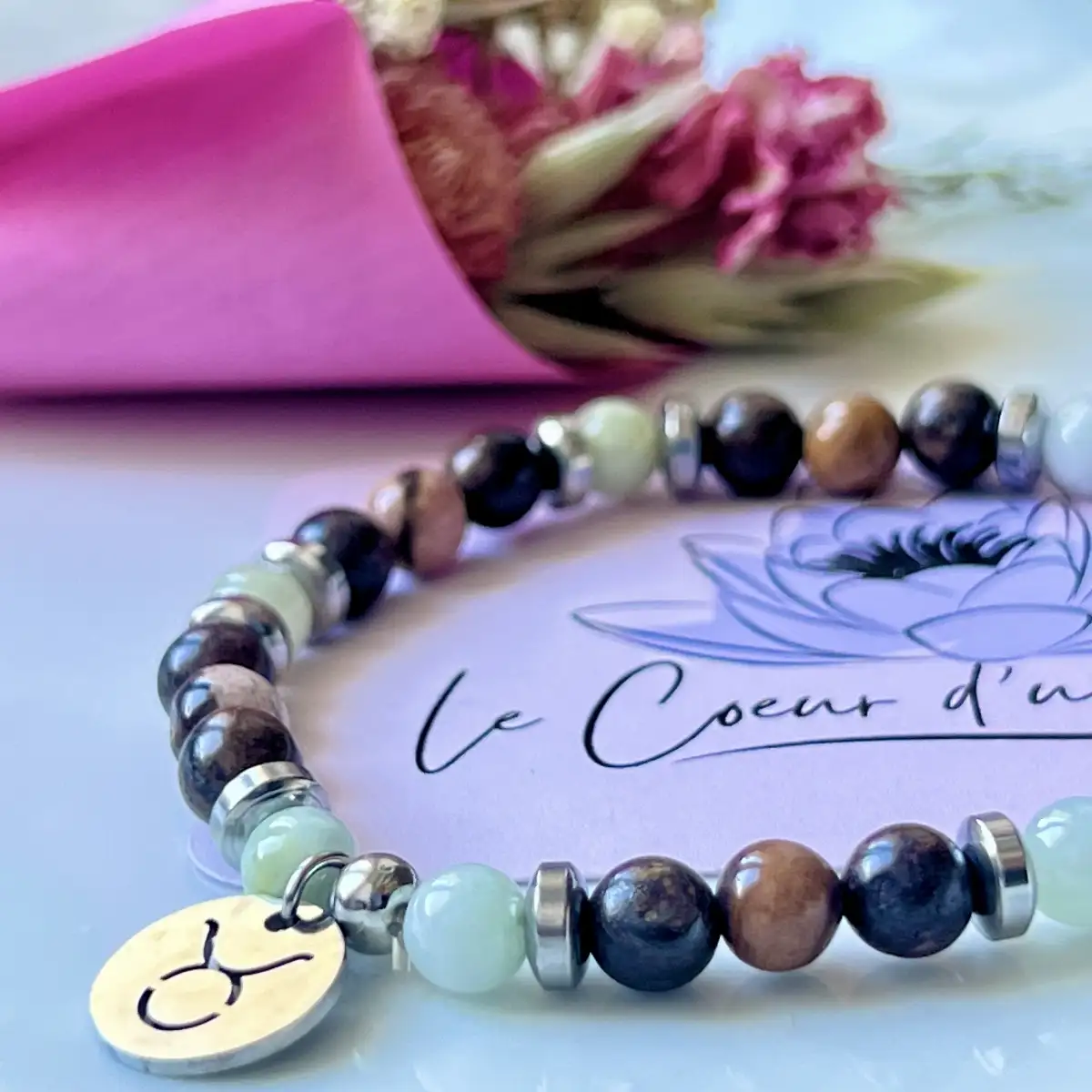 Bracelet Zodiaque Taureau – Jaspe Cappuccino, Émeraude et Bronzite