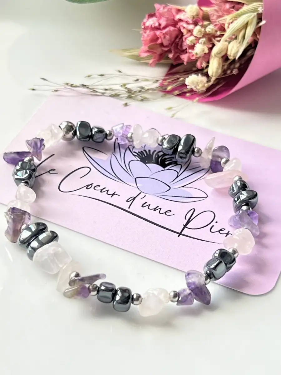 Bracelet en perles chips – Hématite, Quartz Rose et Améthyste