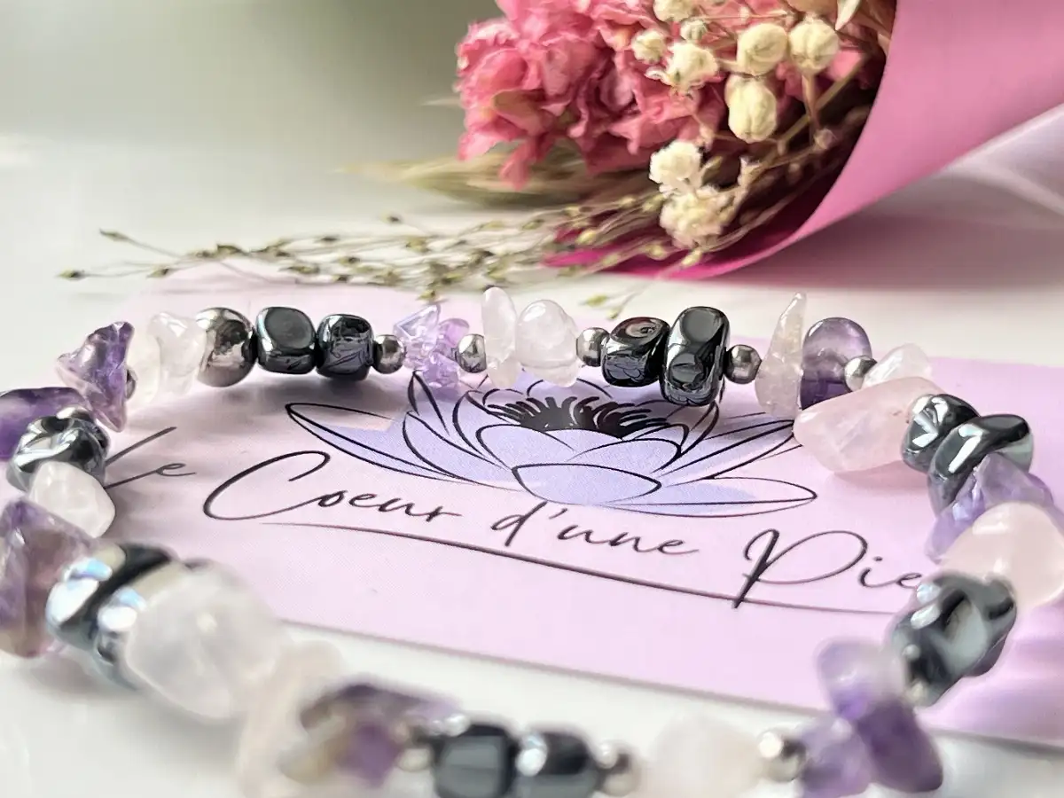 Bracelet en perles chips – Hématite, Quartz Rose et Améthyste