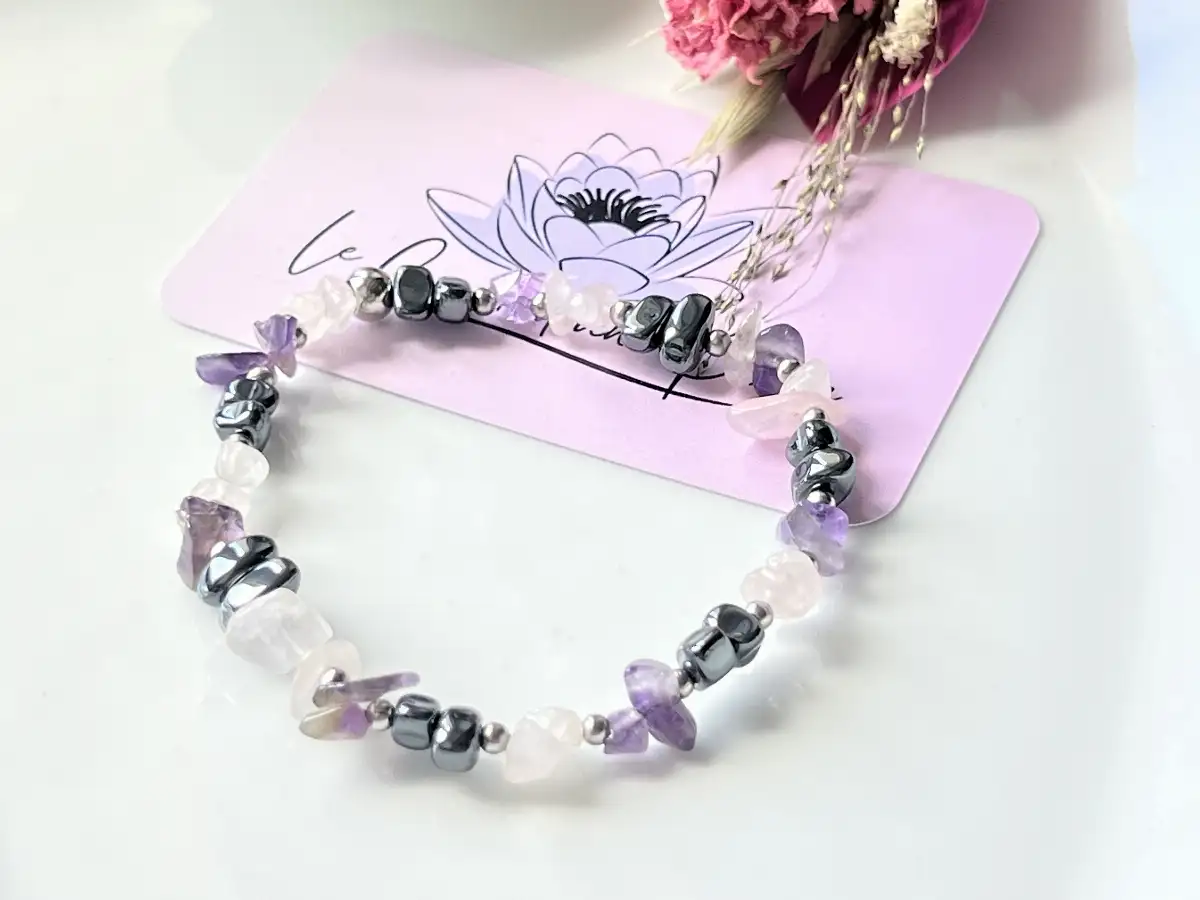 Bracelet en perles chips – Hématite, Quartz Rose et Améthyste