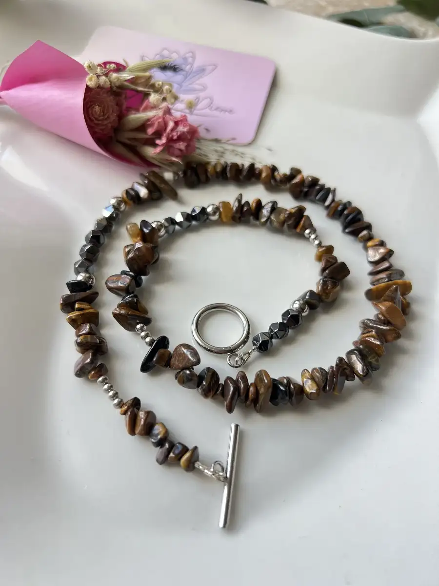 Collier polyvalent en Œil de Tigre et Hématite – 50 cm